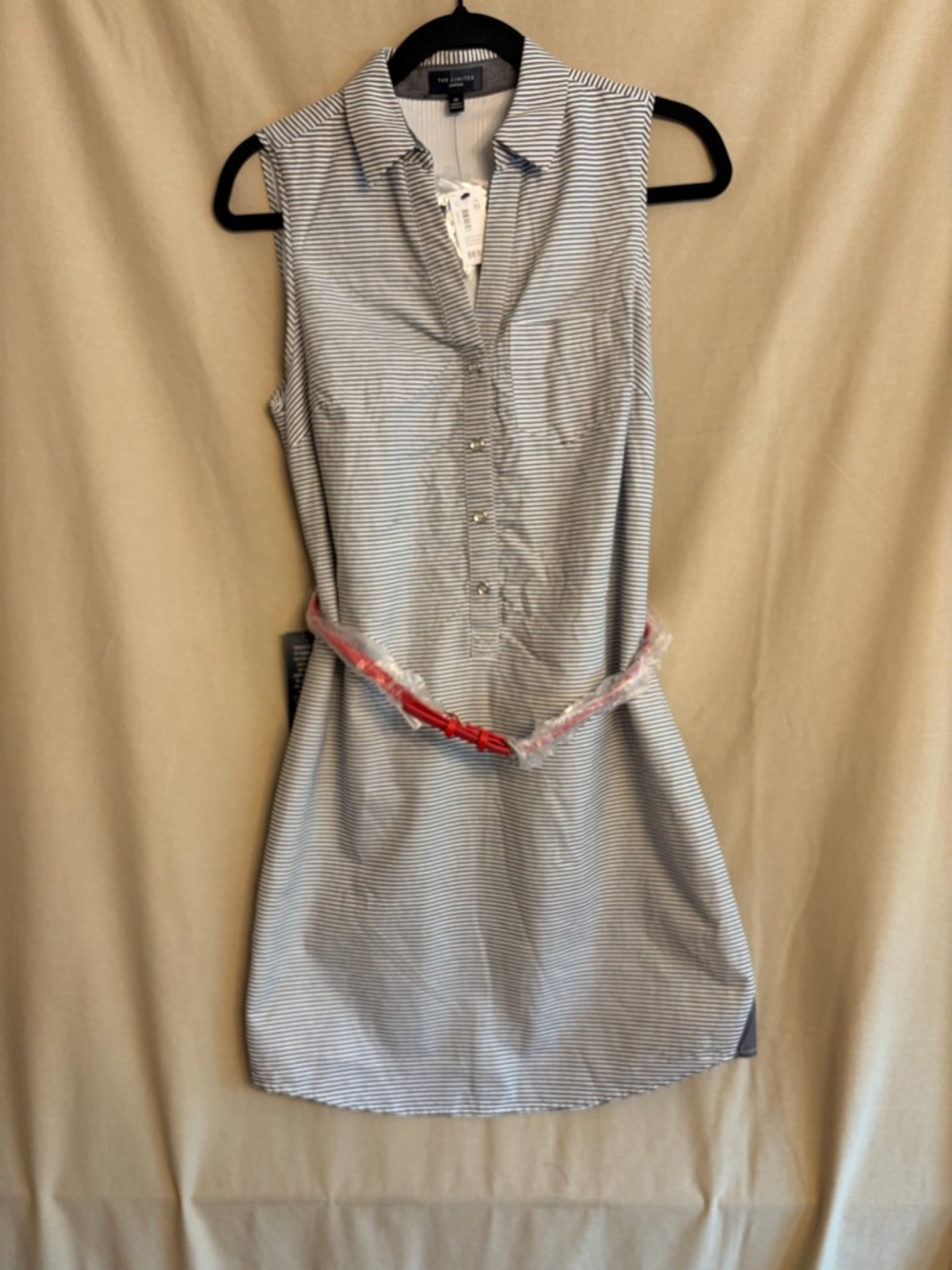The Limited Blue and White Striped Sleeveless Shirt Dress with Red Belt